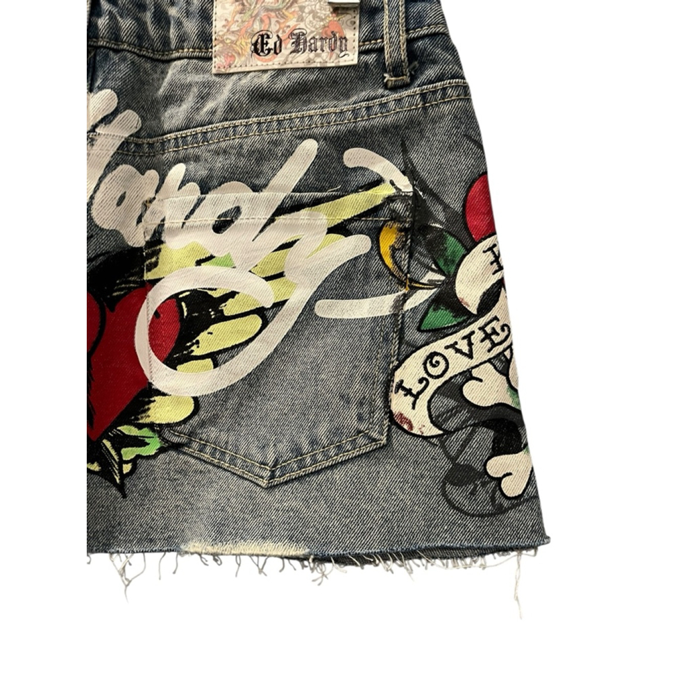 Ed Hardy NWT Love Kills Slowly Size Small Denim Jean Mini Skirt Skull Heart Blue - Picture 9 of 10